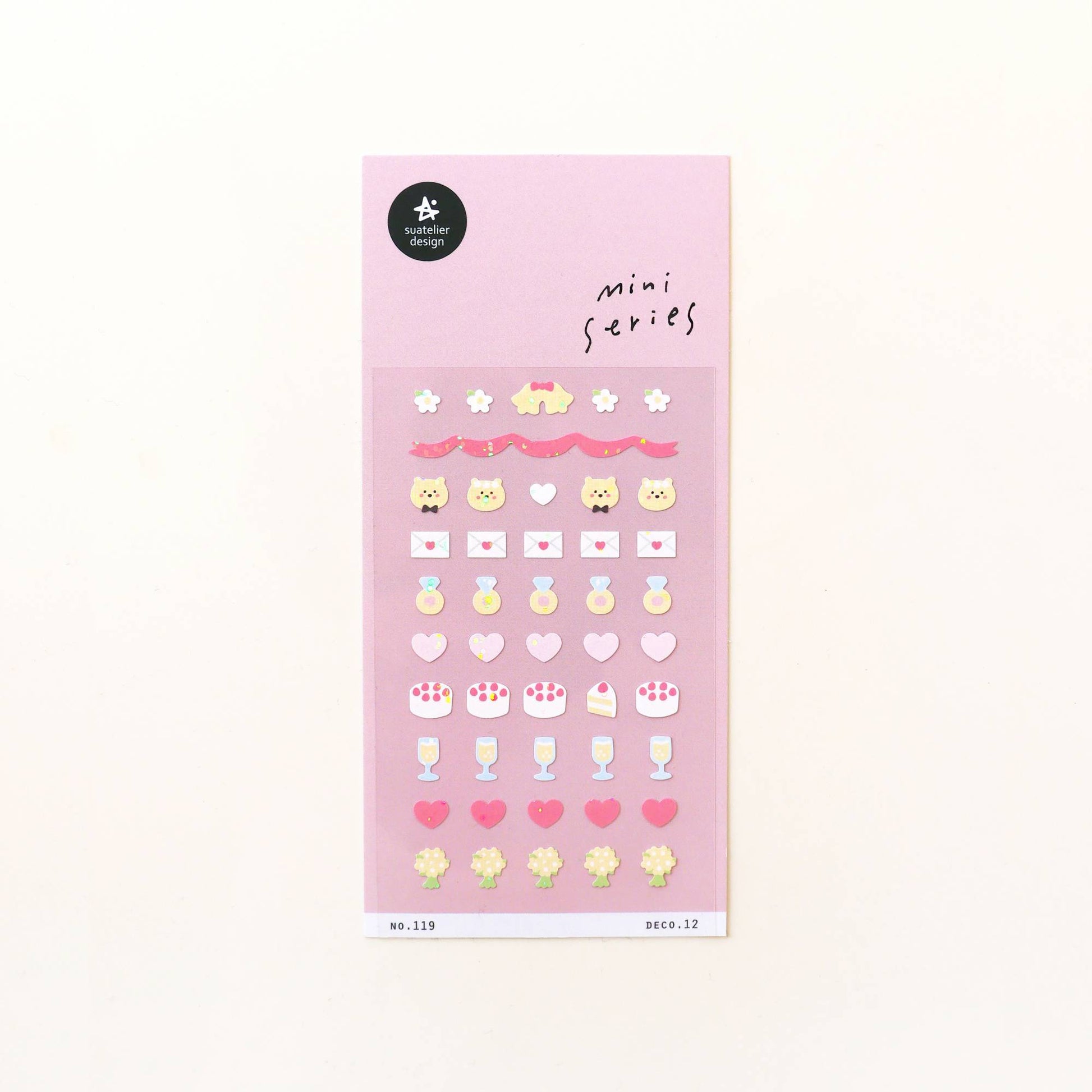 Suatelier Deco.12 love and marriage mini sticker sheet with wedding rings, hearts, cakes, champagne glasses, flowers, and bear characters