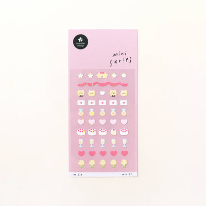 Suatelier Deco.12 love and marriage mini sticker sheet with wedding rings, hearts, cakes, champagne glasses, flowers, and bear characters