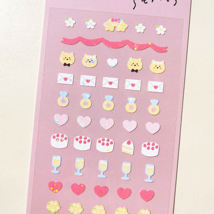 Suatelier Deco.12 love and marriage mini sticker sheet with wedding rings, hearts, cakes, champagne glasses, flowers, and bear characters