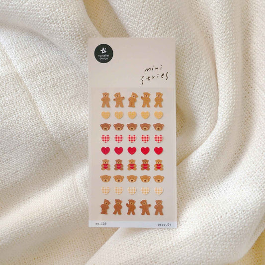 Suatelier Deco.04 teddy bear mini sticker sheet with small bears and heart icons in warm tones