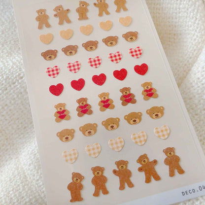 Suatelier Deco.04 teddy bear mini sticker sheet with small bears and heart icons in warm tones