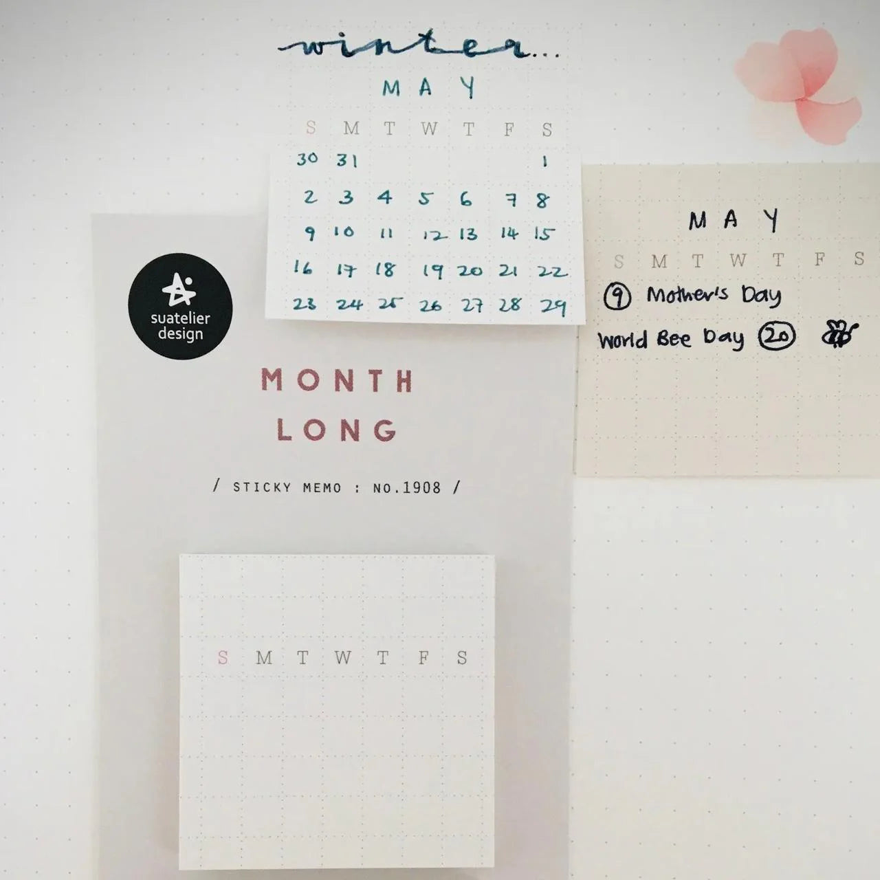 Suatelier Sticky Memo pads with monthly grid and days of the week, perfect for habit tracking and planning