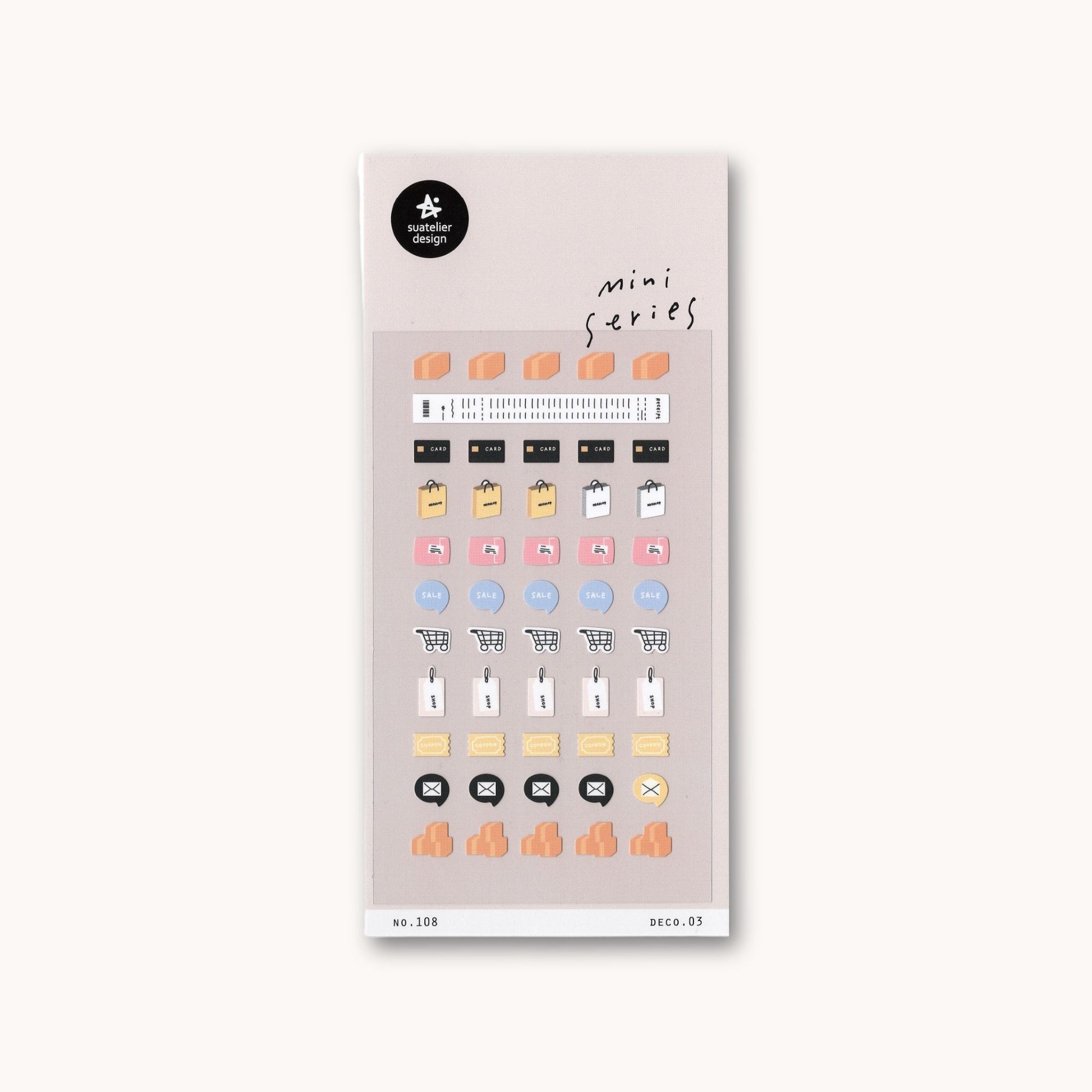 Suatelier Mini Series shopping icon sticker sheet with carts, tags, receipts and money icons for planners and journaling