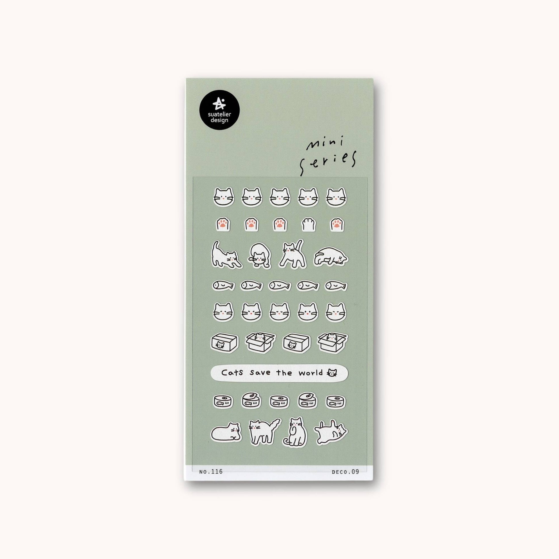 Suatelier Mini Series cat icon sticker sheet with small cat faces, paws and playful cat illustrations for planners and journaling