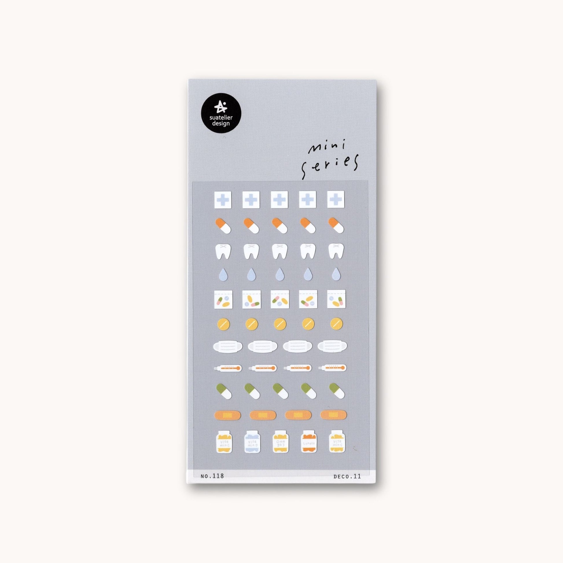 Suatelier Mini Series health icon sticker sheet with pills, plasters, drops and medical icons for planners and journaling