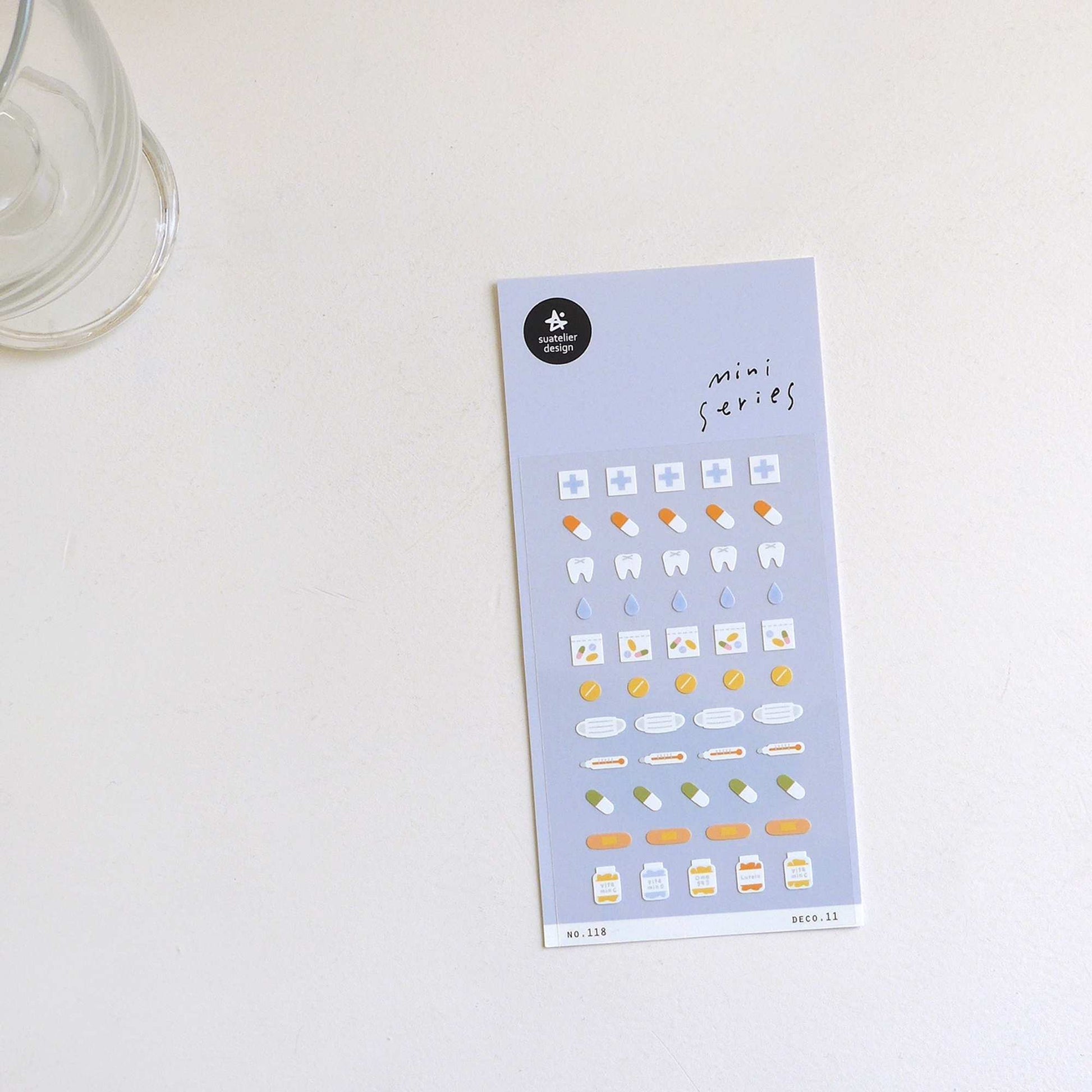 Suatelier Mini Series health icon sticker sheet with pills, plasters, drops and medical icons for planners and journaling