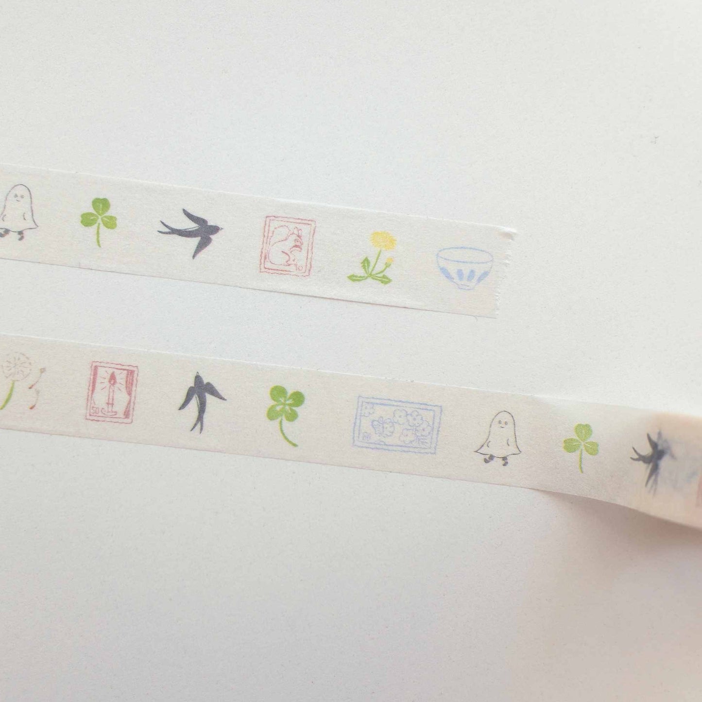 Suatelier Washi Tape 708 Illust 05 bird clover ghost and vintage stamp illustration 15mm x 7m decorative paper tape
