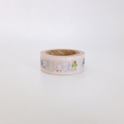 Suatelier Washi Tape 708 Illust 05 bird clover ghost and vintage stamp illustration 15mm x 7m decorative paper tape