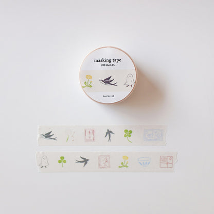 Suatelier Washi Tape 708 Illust 05 bird clover ghost and vintage stamp illustration 15mm x 7m decorative paper tape