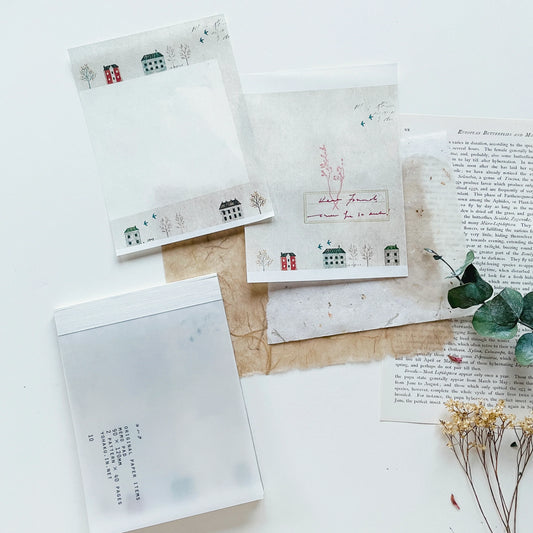Yohaku Notepad – Itukano Machikado with two nostalgic house designs on soft semi-translucent paper
