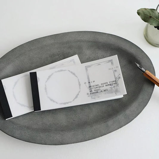 Yohaku Perforated Letterpress Memo Pad in grey with two vintage-style frame designs – 40 sheets